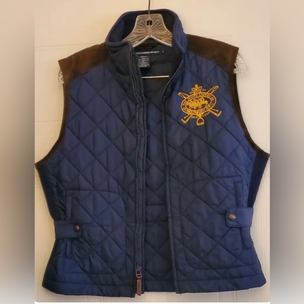 Ralph Lauren Sport Navy Blue Quilted Equestrian Zip Vest Calf Leather Trim  XL